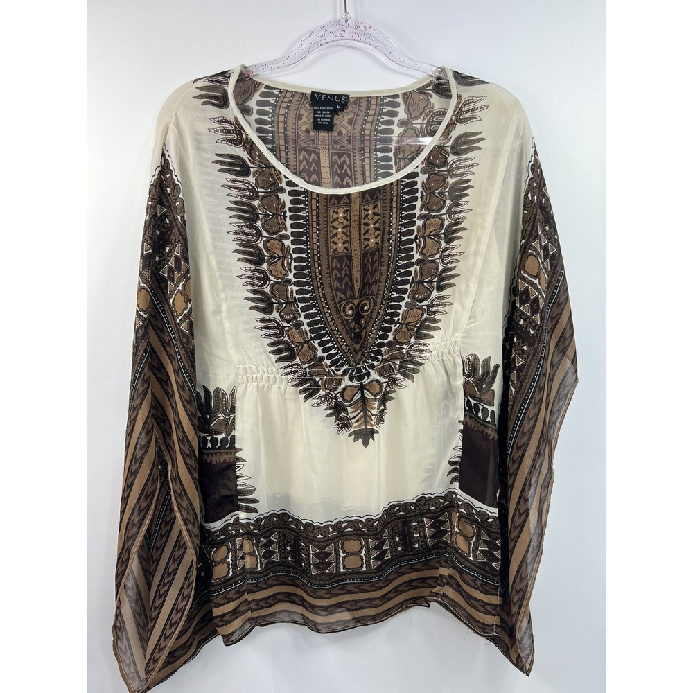 Venus Blouse Poncho Women's Size M Brown/Cream/Black Print Pullover Sheer Boho
